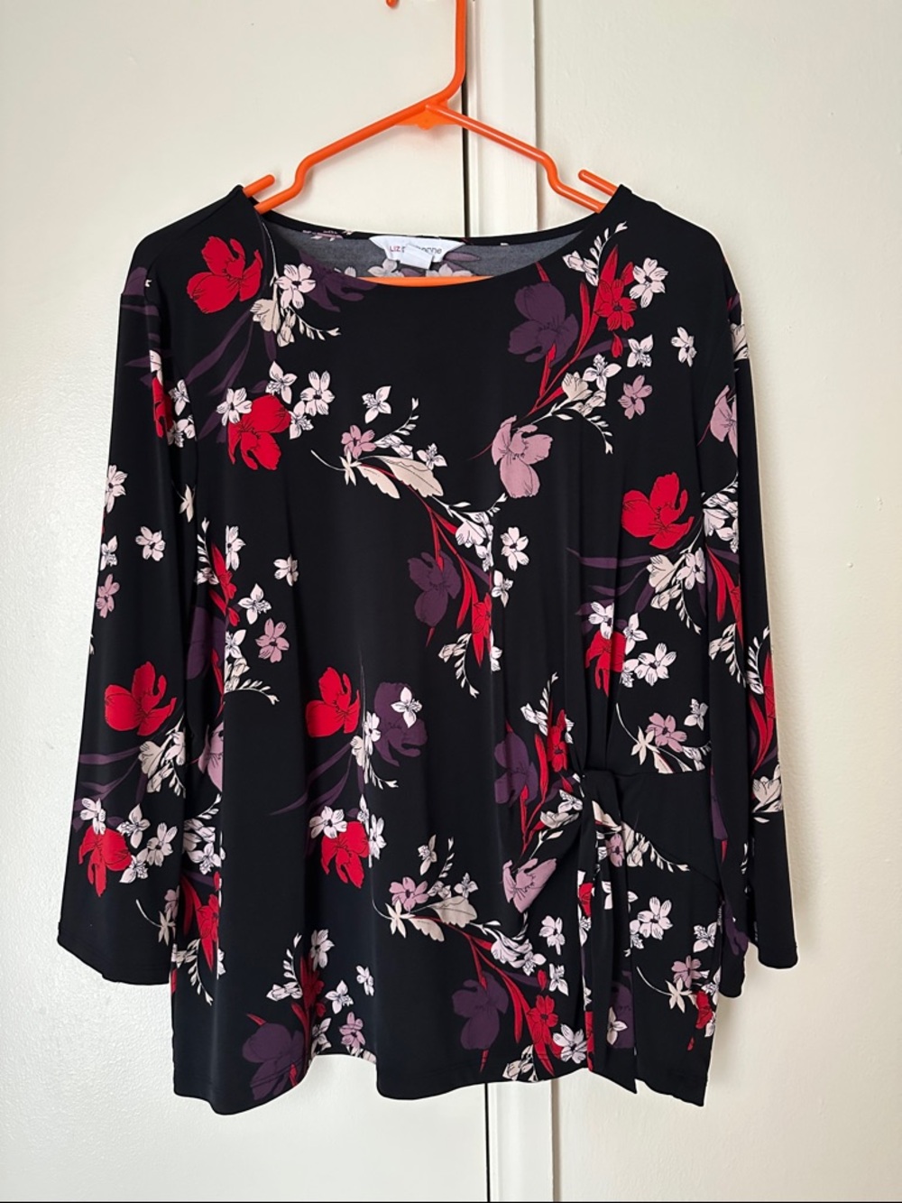 Liz Claiborne Black Floral Tie-Front Blouse - Red, Pink & Purple